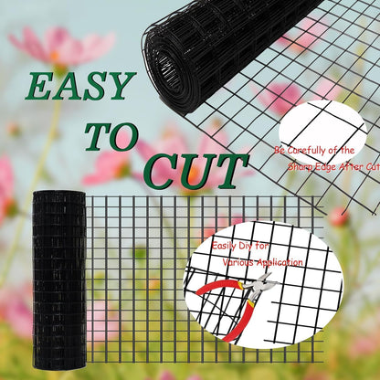 Black Metal Garden Fence, 48inch(H) x 100ft(L), 2 inch x 4 inch,12.5GA 2/3/4/5/6 Ft Tall Chicken Wire PVC Coated Welded Wire Mesh Roll for Dogs Border Yard Vegetable Plant Protection Poultry Netting