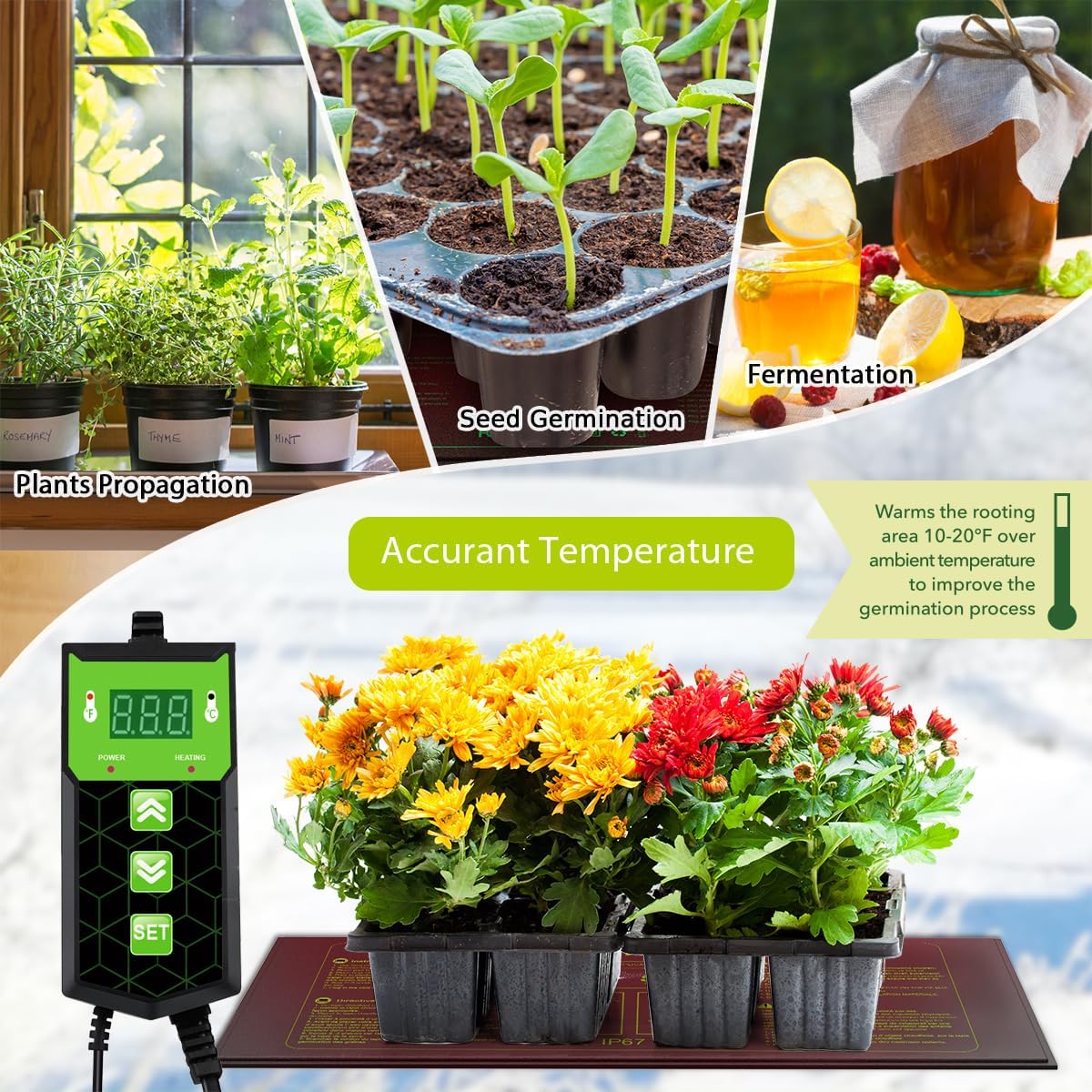 Seedling Heat Mat 10X20.75`` with Thermostat Durable Waterproof Warm Hydroponic Plant Heating Pad with Temperature Control Auto Off Timer for Seed Starting Germination Plant Propagation (1 Heat Pad)