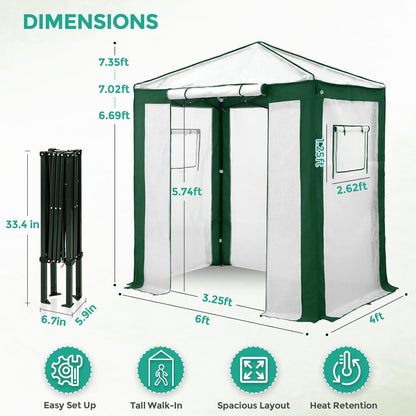 EAGLE PEAK 6x4 Portable Walk in Greenhouse with Polyester Reinforced Corners, Instant Pop up Indoor Outdoor Gardening Green House, Roll Up Zipper Entry Door and Mesh Windows, Green/White