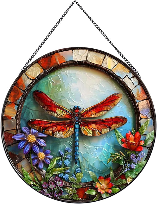 Dragonfly and Flower Suncatcher Stained Glass,Hanging Stained Glass Suncatcher for