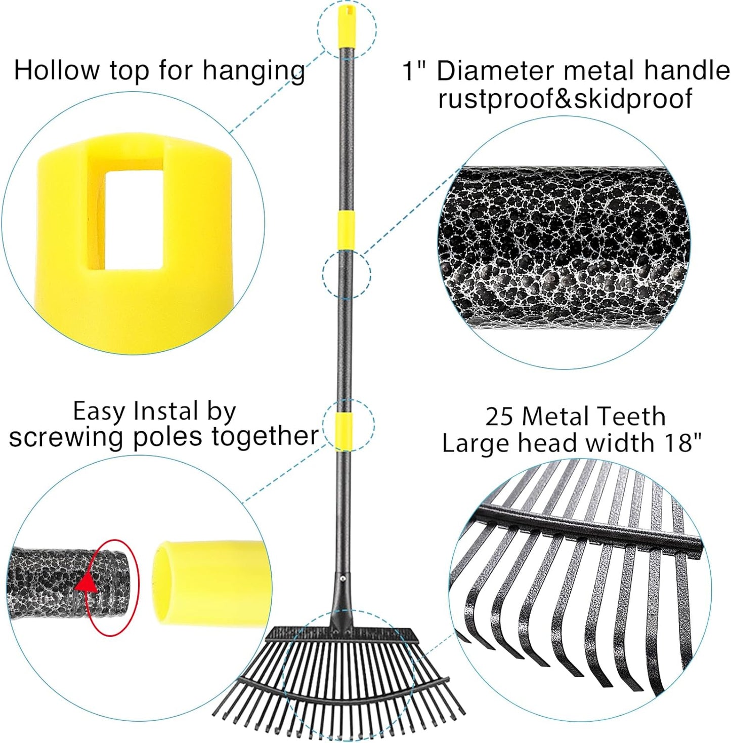 Collapsible Rake for Leaves, 30-66 inch Metal Leaf Rakes for Lawns Heavy Duty Extended Handle, 25 Tines 18" Wide Rake Garden Tools for Camping, Yard, Landscape, Pine Needle and Grass