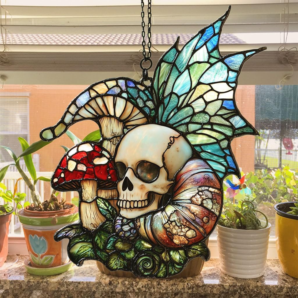 Boho Skeleton Mushroom Acrylic Suncatcher Stained Glass Effect Window Car Hanging Christmas Ornament Indoor Outdoor Decor Garden Sun Catcher Panel for Boho Lover for Women Mom Grandma