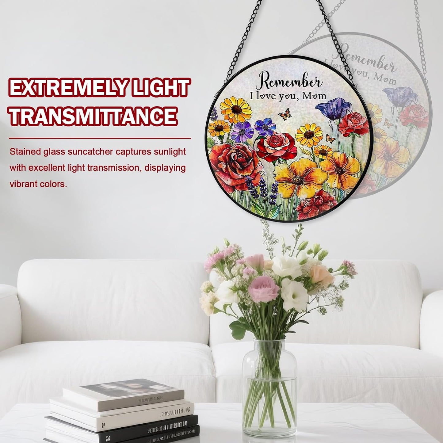 Mom Stained Glass Window Hanging, Flower Suncatcher Diamond Glass Panel Hangings, Sun Catchers Windows Wall Art, Christmas Thanksgiving Day, Birthday Gifts for Mom, for Home Office 7.87 inches