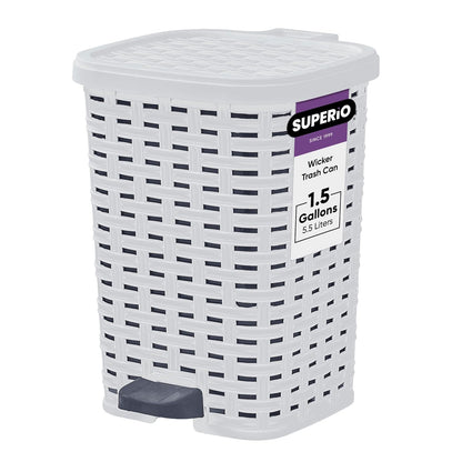 Superio Small Outdoor Trash Can with Lid for Dog Poop 1.5 Gallon/6 L Mini Plastic Garbage Can with Foot Pedal for Bathroom, Bedroom, Office, Patio, Wicker Smoke
