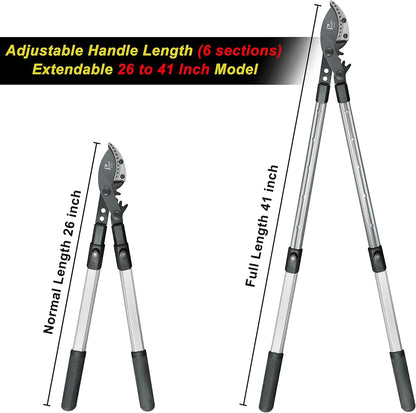 26-41 Inch Extendable Anvil Loppers, Sync Drive Power Lever Tree Trimmers, Telescopic Pruners Heavy Duty, 2 Inch Cutting Capacity