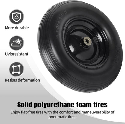4.80/4.00-8" Flat Free Tire and Wheel - 16 Inch Solid Rubber Wheelbarrow Tires with 5/8" and 3/4" Ball Bearings, 3" Centered Hub (Extra Adapter kit includes Bearing, 1" and 1/2" Nylon Spacers)