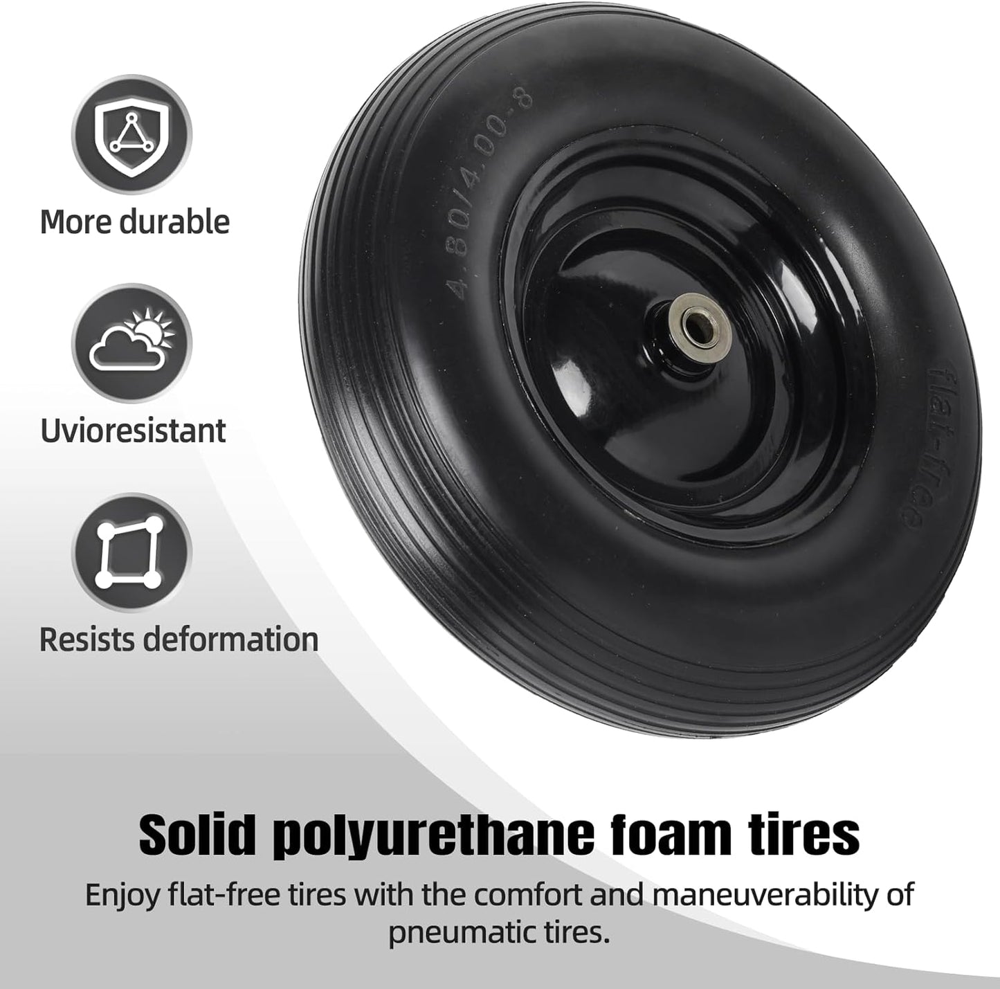 (2-PACK) 4.80/4.00-8" Tire and Wheel - Universal Fit 16" Flat Free Solid Wheelbarrow Tires with 3" Hub and 5/8" Bearings – Extra Adapter kit includes 3/4" Ball Bearings, 1" and 1/2" Nylon Spacers