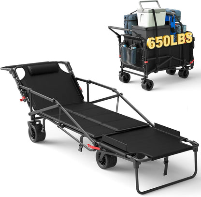 LEVELEVE Heavy Duty Folding Wagon - 2-in-1 Collapsible Cart, 650lb Capacity, All-Terrain Wheels w/Brakes & Side Pockets