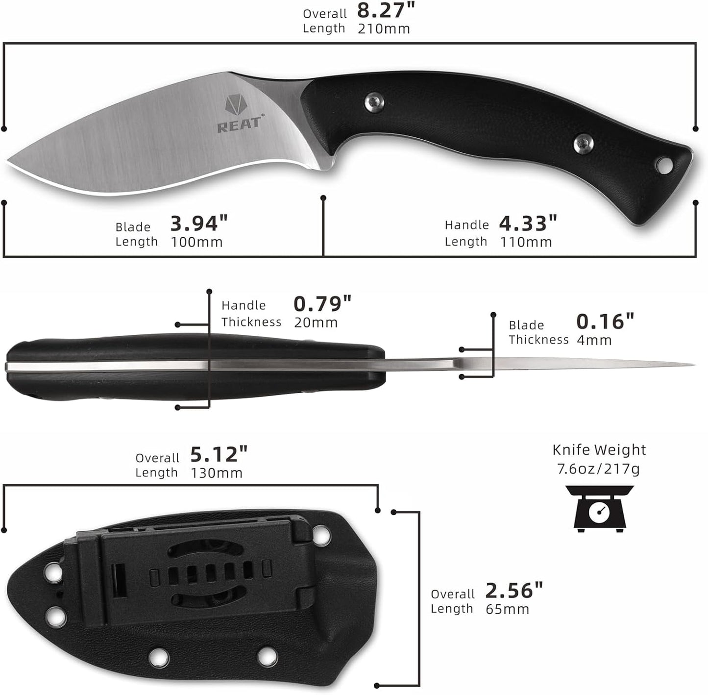 REAT Fixed Blade Knife with Kydex Sheath, 4" D2 Steel Blade with Full Tang Desgin,Ergonomic G10 Handle, EDC Knife for Hunting,Camping,Survival,Gift for Men,Christmas Stocking Stuffers