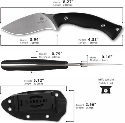 REAT Fixed Blade Knife with Kydex Sheath, 4" D2 Steel Blade with Full Tang Desgin,Ergonomic G10 Handle, EDC Knife for Hunting,Camping,Survival,Gift for Men,Christmas Stocking Stuffers