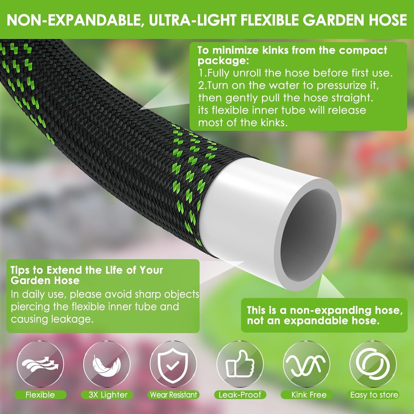 Non-Expandable Garden Hose 75 ft, Ultra Lightweight & Flexible Water Hose With 10-Pattern Spray Nozzle, Full Length Leak-Proof Design, High-Density Fabric & Shut-Off Valve, Hose Straps