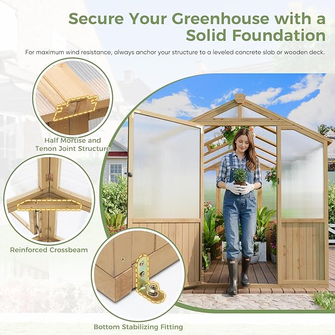 Restland 6x8 FT Wood Greenhouse with Shelves Reinforced Frame Walk-in Greenhouses with Adjustable Roof Vents & Lockable Door Polycarbonate Green House for Outside