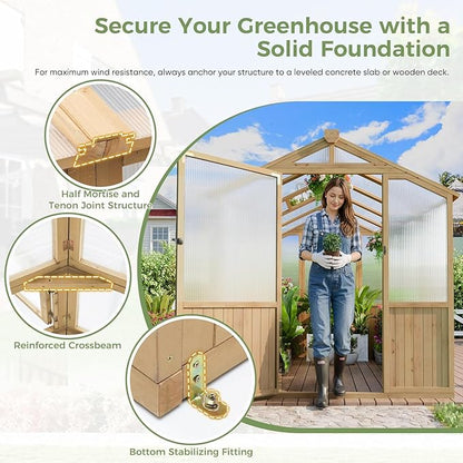 Restland 6x8 FT Wood Greenhouse with Shelves Reinforced Frame Walk-in Greenhouses with Adjustable Roof Vents & Lockable Door Polycarbonate Green House for Outside