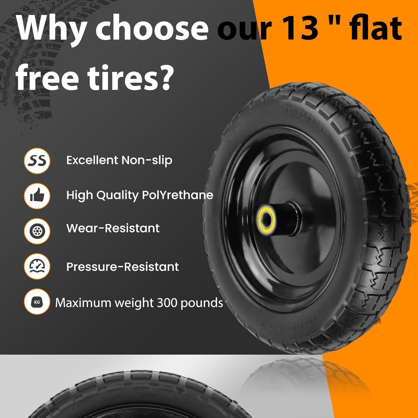 13" Flat Free Wheels Replacement for GOR Garden Cart Tires, 4.00-6 Solid Tires with 5/8"Bearings, 13" No Flat Wheels for GOR Garden Carts/Hand Trucks/Garden Carts