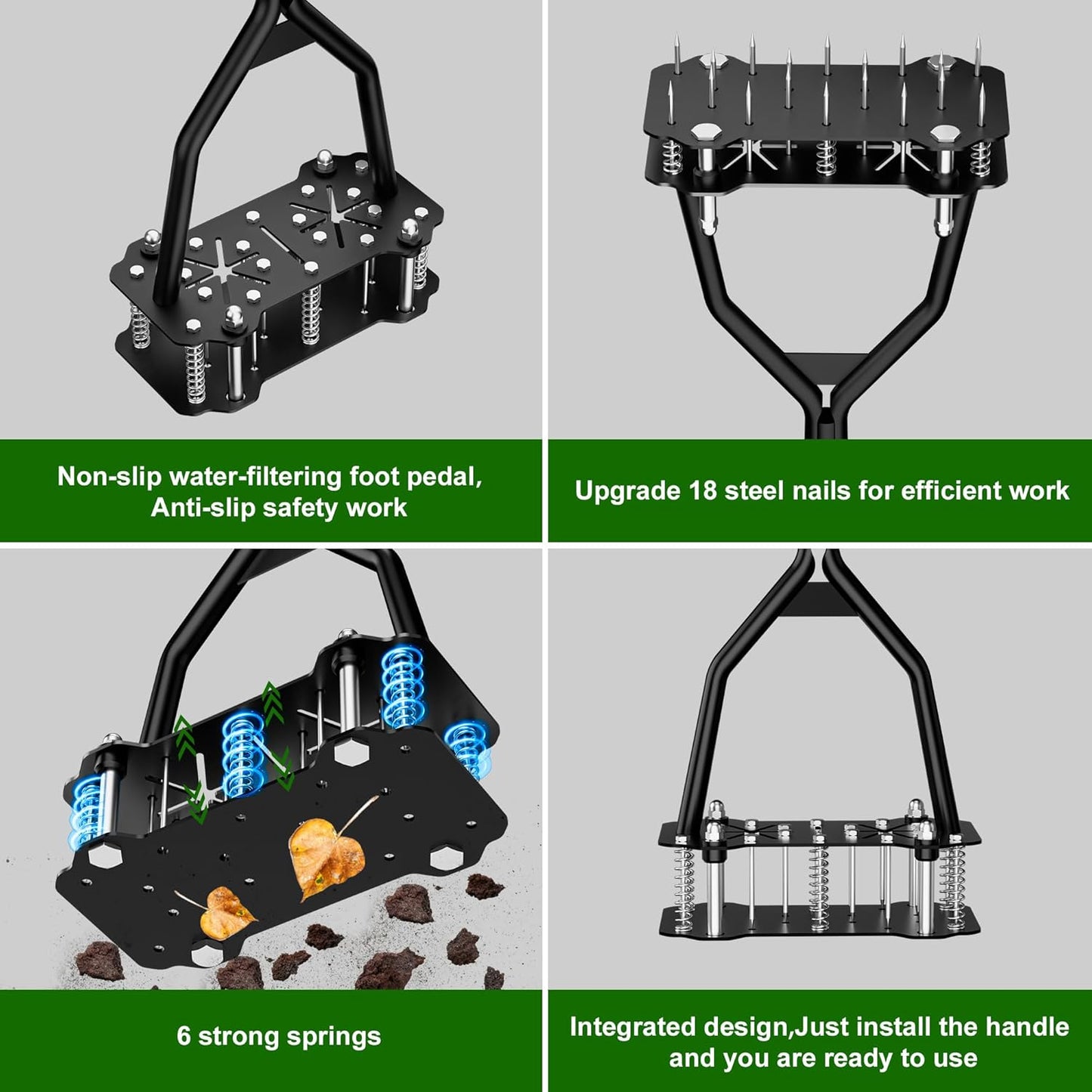 Lawn Aerator, Lawn Aerator Tool with 18 Iron Spikes, Automatic Leaf and Dirt Cleaning, Spring-Loaded Design, Manual Aeration Lawn Tool for Loosening Soil Aerating Patio, Garden Tools and Yard Tools