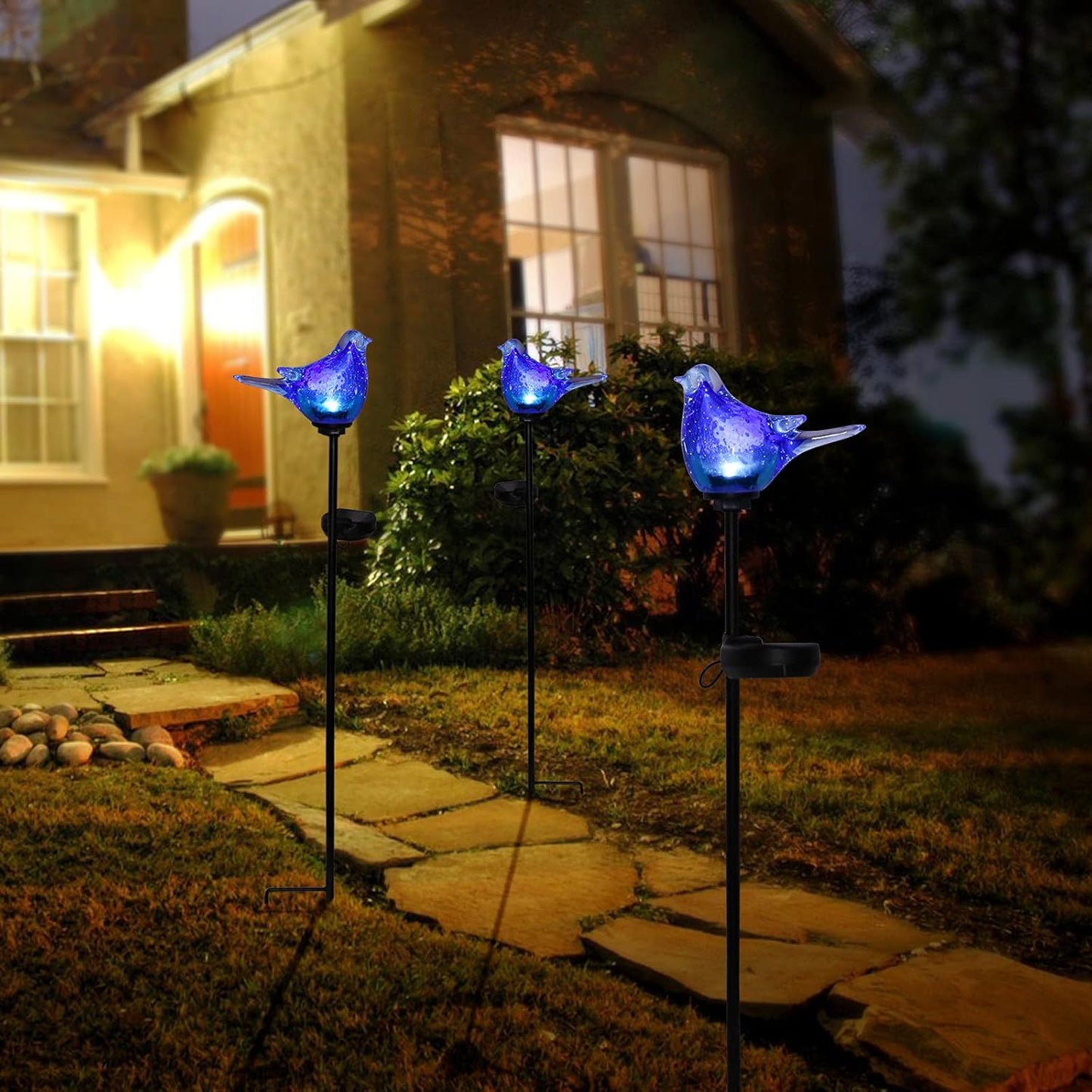 Afirst Solar Bluebird Garden Stake Lights - Hand Blown Glass Decorative Garden Pathway Lights Outdoor Waterproof Bird Glass Stakes