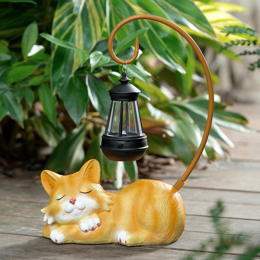Outdoor Cat Figurine Garden Statue with Solar-Powered LED Light 13.77 Inches Tall Gift Garden Statue Decor for Cat Lovers Yellow