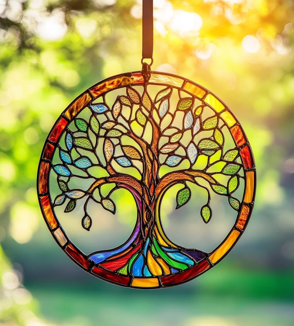 Tree of Life Boho Acrylic Suncatcher Stained Glass Effect Window Car Hanging Christmas Ornament Indoor Outdoor Decor Garden Spiritual Sun Catcher Bohemian Lover for Women Mom Grandma