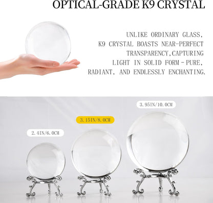 80mm Clear Crystal Ball with Stand, Photography Lensball Prop for Magical Shots, Optical Glass Sphere Decorative Balls Gifts for Meditation Divination