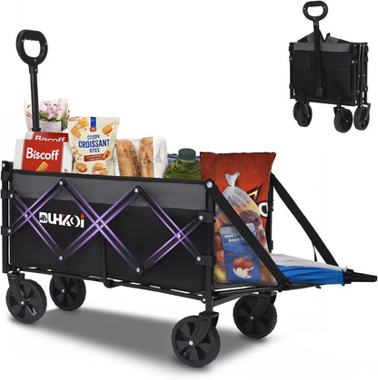 Collapsible Tailgate Wagon with Wheels, Compact Size Folding Utility Cart, 380LBS Capacity for Garden, Grocery, Beach, Camping – Portable Heavy Duty Cart(Black Gray)