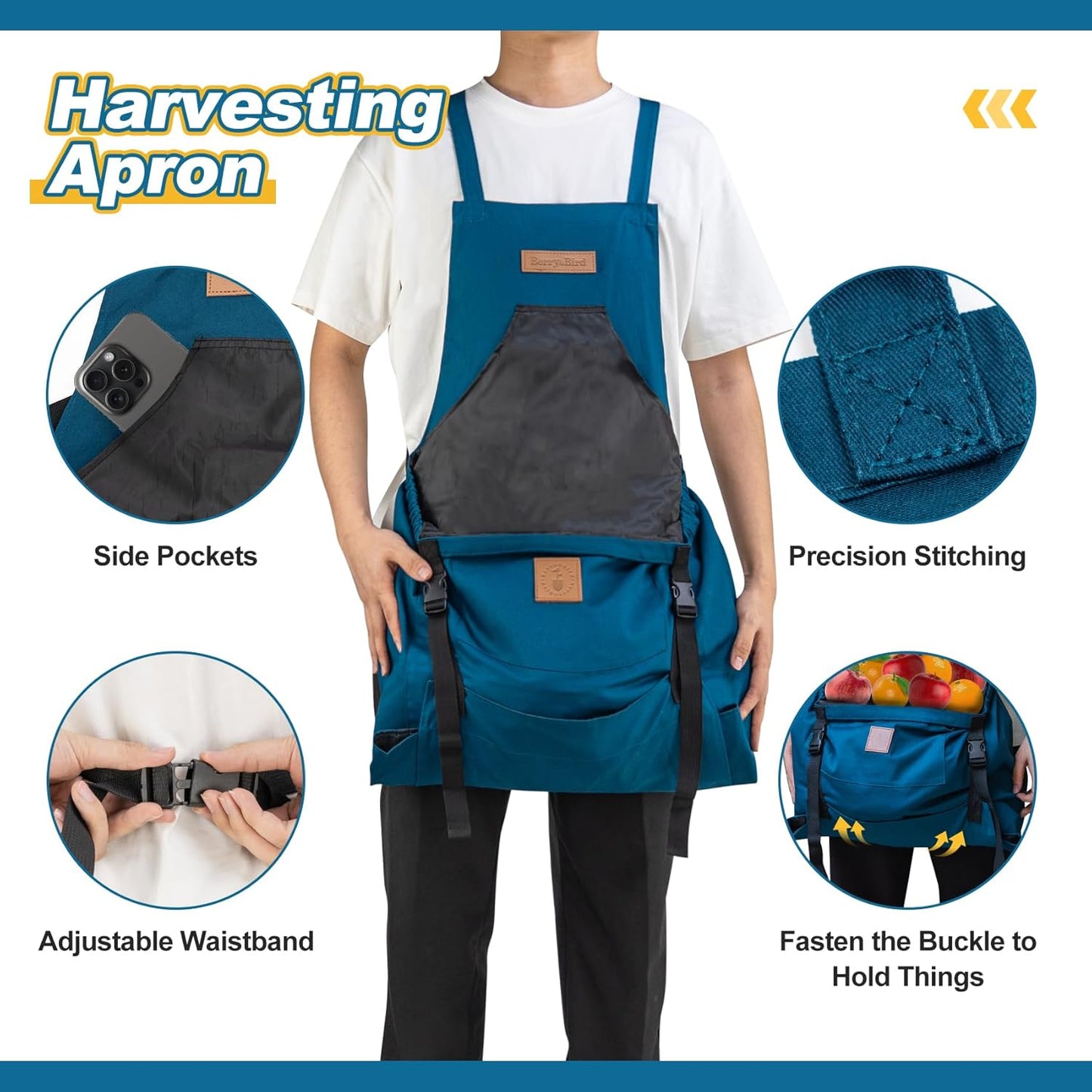 Berry&Bird Harvest Apron, Canvas Gardening Apron with Pockets and Harvesting Pouch Waterproof Harvesting Apron