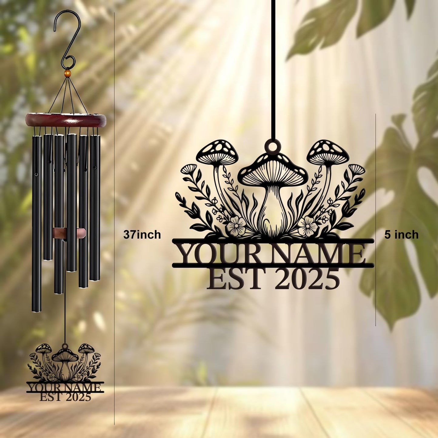 Personalized Customize Name Fantasy Mushroom Wonderland Wind Chime, Metal Iron 37 Inch Outdoor Memorial Gift for Garden Yard Patio Home Decor, Black (Style A)