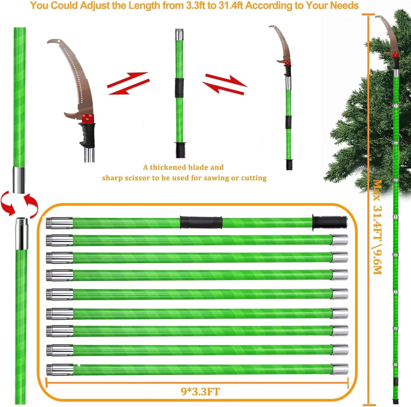 Manual Pole Saw 30 FT Extendable Tree Pruner High Branches Trimming for Pruning Palms and Shrubs with Long Handle (Green)