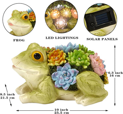 pearlstar Garden Statues, Frog Solar Statue Garden Decor Clearance, Cute Resin Frog Figurines with 7 LED Solar Lights Lawn Decorations for Patio Yard Gifts for Mom Grandma Housewarming