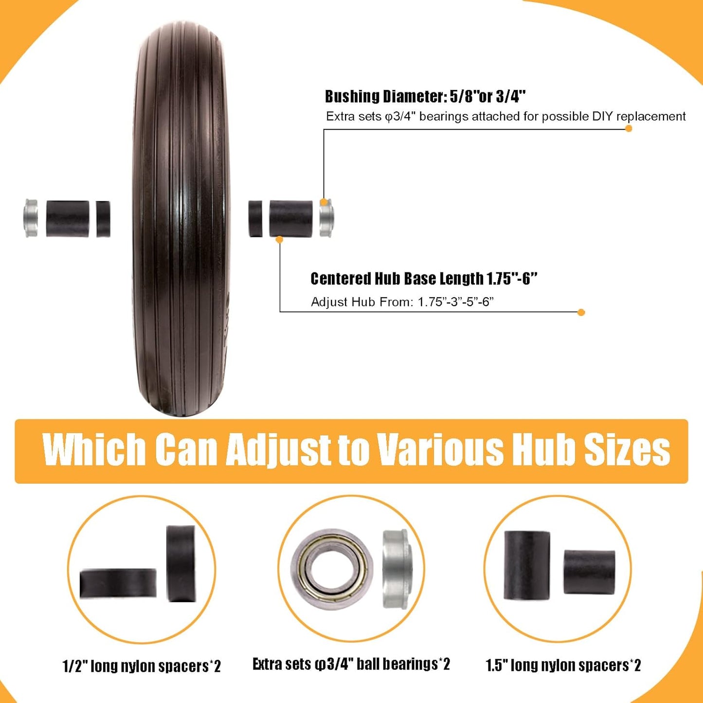 Universal Wheelbarrow Tire Flat Free 14.5"D x 3.2"W, Fits 4.80/4.00-8, 3.50/2.50-8, 4.00-6, 4.00-8 Wheelbarrow Wheels, installed 5/8" Bearing with Extra 3/4" Bearing,3"- 6" Center Hub (2 Pack)