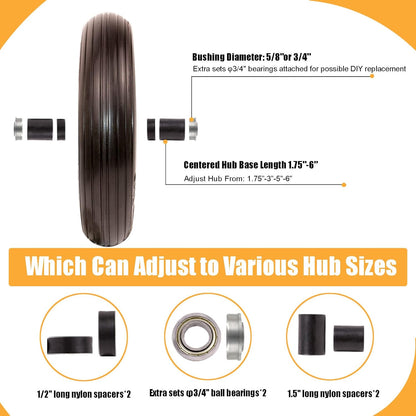 Universal Wheelbarrow Tire Flat Free 14.5"D x 3.2"W, Fits 4.80/4.00-8, 3.50/2.50-8, 4.00-6, 4.00-8 Wheelbarrow Wheels, installed 5/8" Bearing with Extra 3/4" Bearing,3"- 6" Center Hub (2 Pack)