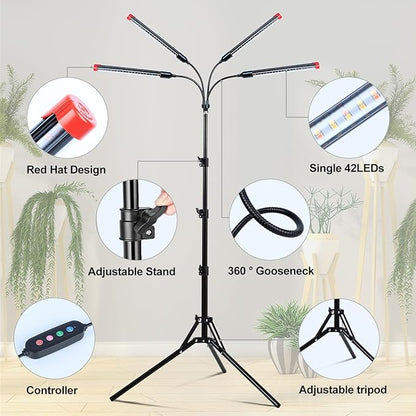 4Head Grow Lights for Indoor Plants, Seed Starting, Vegetables, Bonsai with Tripod Stand and Auto On/Off Timer 4/8/12H, 36W Power Full Spectrum Standing LED Plant Growing Lamps, 360° Gooseneck