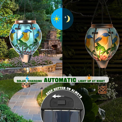 Hot Air Balloon Solar Lantern - Bluebird Glass Lantern, Simulated Flickering & Dancing Flame, Outdoor Hanging Yard Light Waterproof IP65 for Patio Lawn Porch Decor Gift