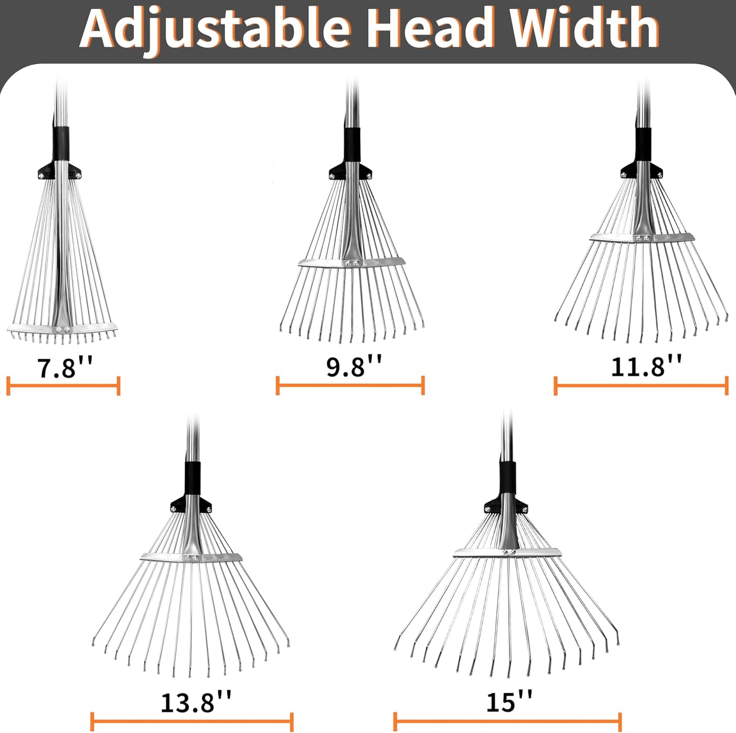 2 Packs Garden Rake for Leaves – Heavy Duty Metal Leaf Rake for Lawns with Adjustable Handle (33"-69") & Expandable Head (8"-15") – Durable for Lawn, Shrub, Garden Beds – Essential Gardening Tools