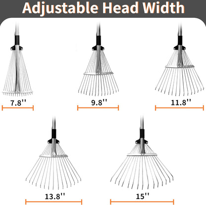 2 Packs Garden Rake for Leaves – Heavy Duty Metal Leaf Rake for Lawns with Adjustable Handle (33"-69") & Expandable Head (8"-15") – Durable for Lawn, Shrub, Garden Beds – Essential Gardening Tools