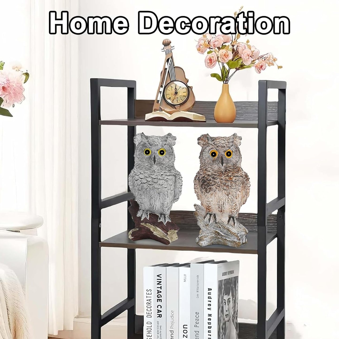Owl Outdoor Statue Figurine Decoration, Hand-Painted Owl on Branch, Waterproof, Fade-Proof Sculpture for Garden, Patio, Home Decor Statue (Brown)