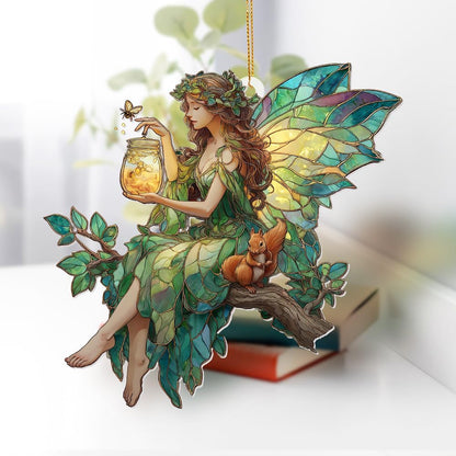 Fairy Stained Glass Acrylic Ornament – Enchanted Forest Fairy with Squirrel, Hanging Window Sun Catcher Decoration, Whimsical Christmas Ornament Gift for Women and Girls (Sun-32)