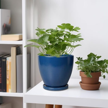 6.8 Inch Plant Pot - Ceramic Planter with Drainage Hole and Saucer, Modern Round Flower Pot, Planters for Indoor Plants, Home Garden Decor, Blue