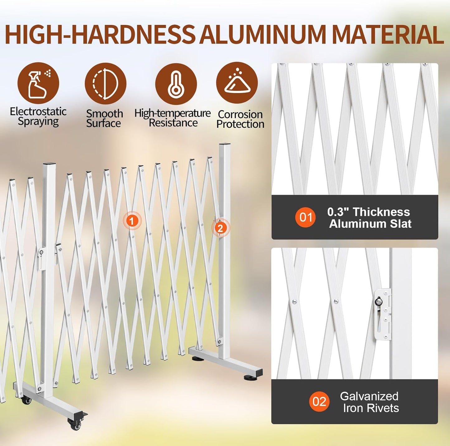 TECSPACE Aluminum Expandable Garden Fence, Portable Barricade Gate with Casters, Expansion Size 201×15.2×40.6 inches, Adjustable Flexible Fence Mobile Barricade Safety Barrier
