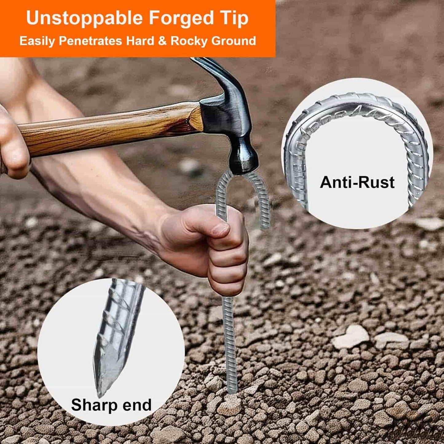 Heavy Duty Rebar Stakes 12-Pack 12-Inch - Hot-Dip Galvanized J-Hook Ground Anchors for High Winds, Trampoline, Fencing, Landscape Fabric - Forged Tip for Rocky & Hard Soil