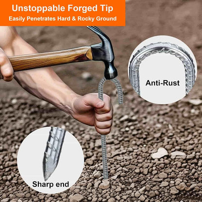 Heavy Duty Rebar Stakes 12-Pack 12-Inch - Hot-Dip Galvanized J-Hook Ground Anchors for High Winds, Trampoline, Fencing, Landscape Fabric - Forged Tip for Rocky & Hard Soil