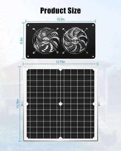 20W Solar Fan Kit for Greenhouse, Solar Panel Powered Dual Exhaust Fans, 3500 RPM IP67 Waterpoof Attic Fan for Chicken Coop, Dog House, Shed, Pet House Air Cooling