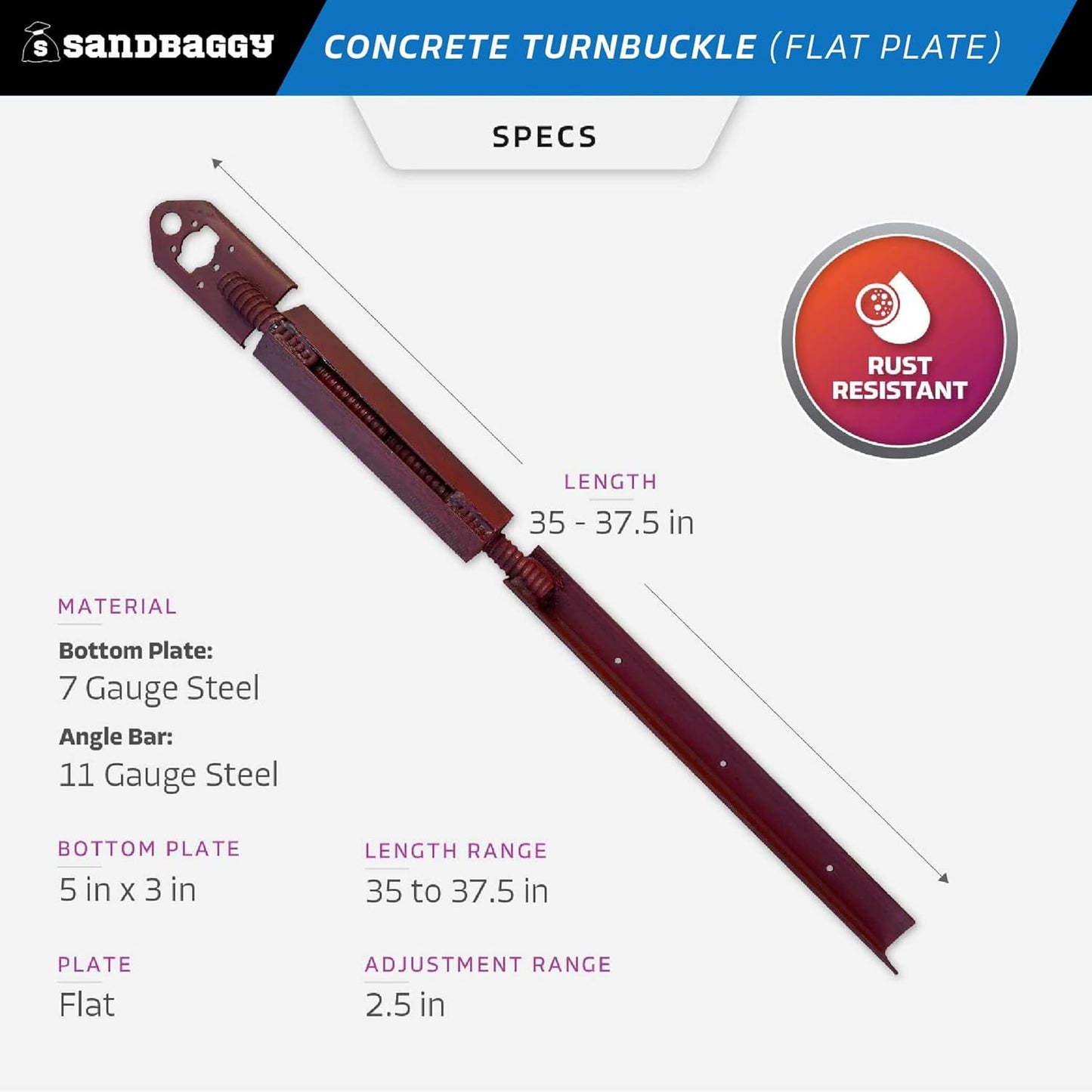 Sandbaggy Concrete Turnbuckle Form Aligner with 5" x 3" Flat Plate (35" - 37.5" Length) - Rust Resistant Steel - Adjustable Wall Brace - Aligns & Plumbs Form Walls, Columns, or Beams (35 inches, 100)