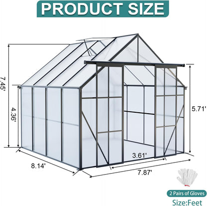KEIKI 8x8 FT Double Door Polycarbonate Greenhouse with Aluminum Frame,Raised Base and Roof Vent,Walk-in Greenhouses for Patio Garden
