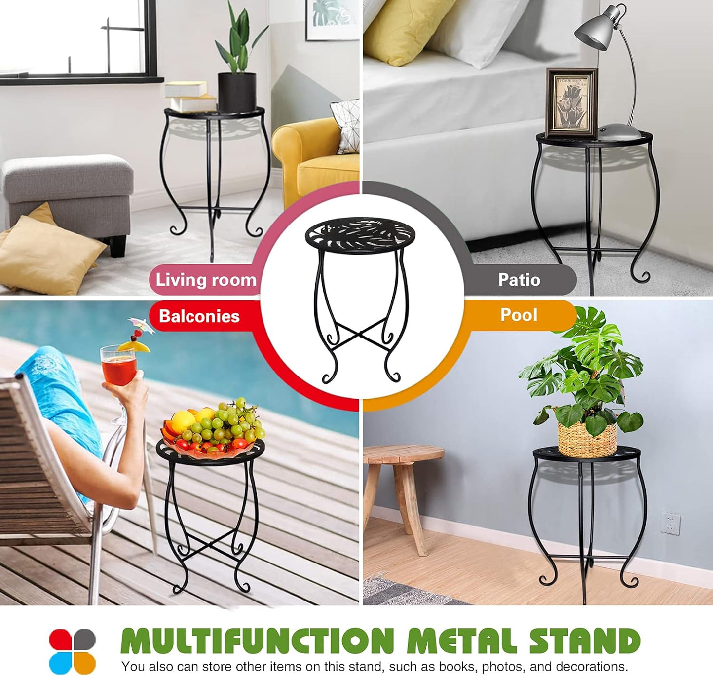 15" Tall Metal Plant Stand, 8" Wide Round Plant Stand for Flower Pot Rustproof Iron Plant Holder for Indoor Outdoor Use, Easy Assemble Flower Stand for Home Garden Display Greenery (Round 2pcs)