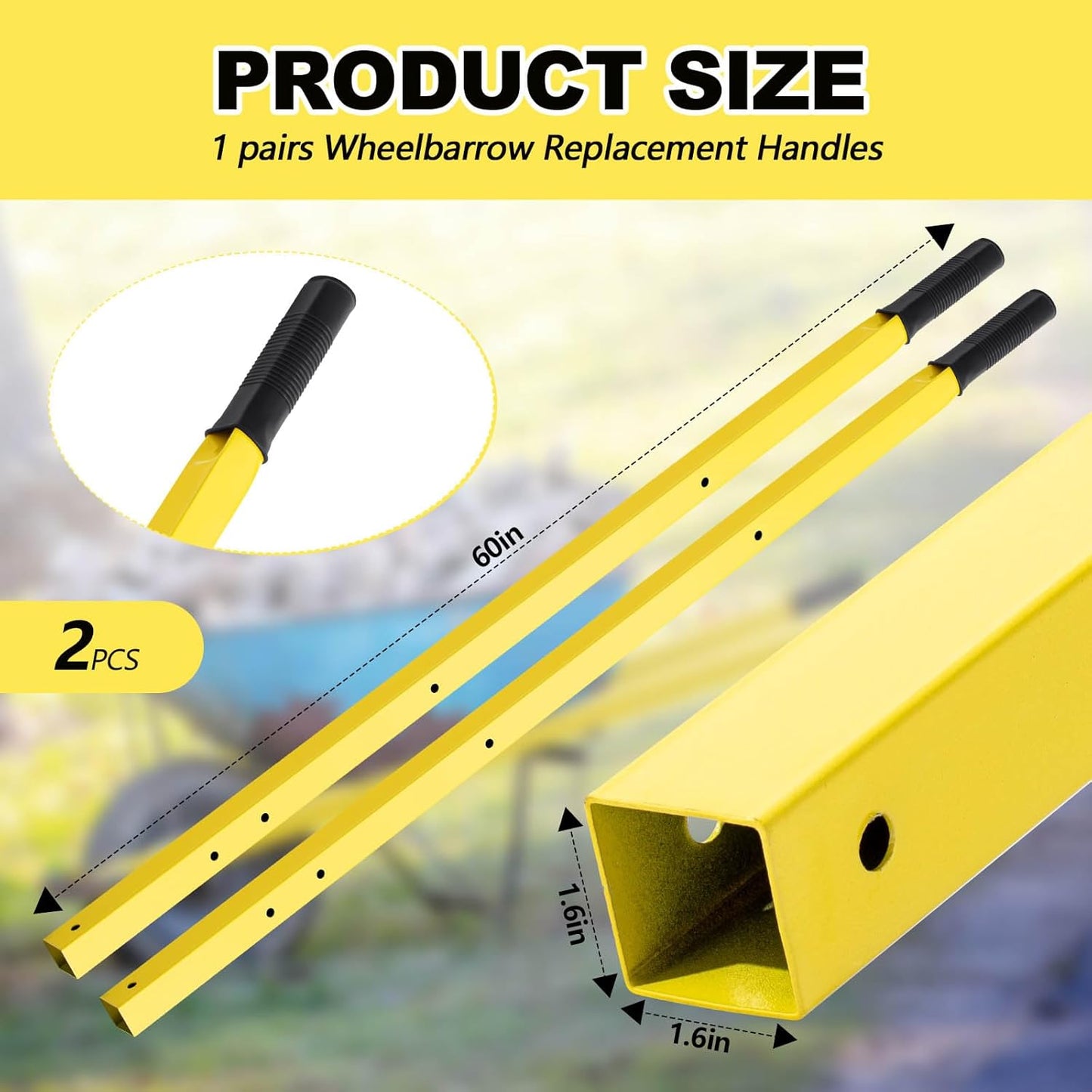 Gisafai 1 Pair Wheelbarrow Replacement Handles Kit 60 Inches Metal Wheelbarrow Handles Heavy Duty Yellow, Easy Install