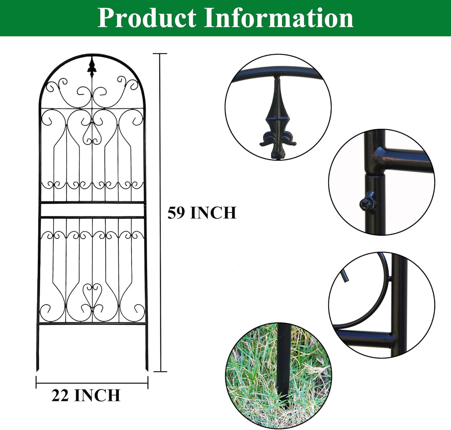 SCENDOR Trellis for Climbing Plants 59" H x 22" W Metal Unique Design Decorative Garden Structure Weather-Resistant Trellises Outdoor Decor Flowers Roses Vine Ivy Clematis 1 Pack