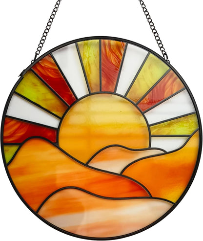 Sunrise Sun Catcher Stained Glass Window Hanging, 20cm Suncatchers for Wall Window Decor, Hand Painted Glass Artistic Birthday Gifts for Women