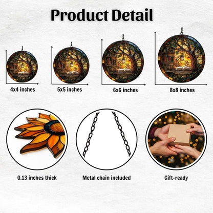 Forest Library Bookshelves Acrylic Suncatcher Stained Glass Effect Window Car Hanging Christmas Ornament Indoor Outdoor Decor Garden Sun Catcher Panel for Book Lover for Women Mom Grandma