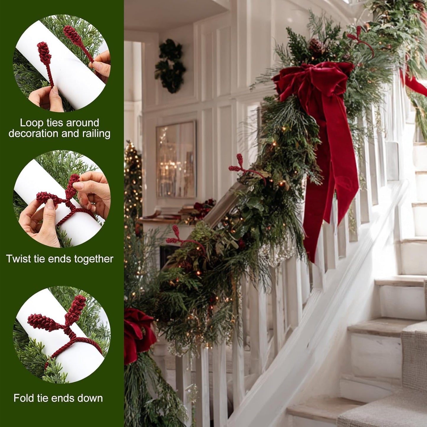 Shappy 12 Pieces Christmas Garland Banister Ties Christmas Decorative Reusable and Flexible Twist Ties for Garland, Banister Home Decoration (Burgundy)