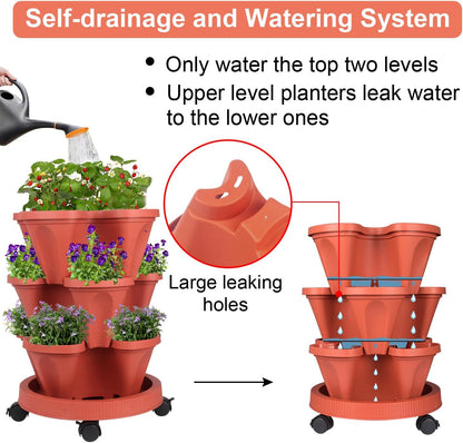 Vertical Planter 3 Tier Stackable Planters Garden Planters Strawberry Herb Flower and Vegetable Planter Indoor Outdoor Gardening Pots with Removable Wheels and Tools